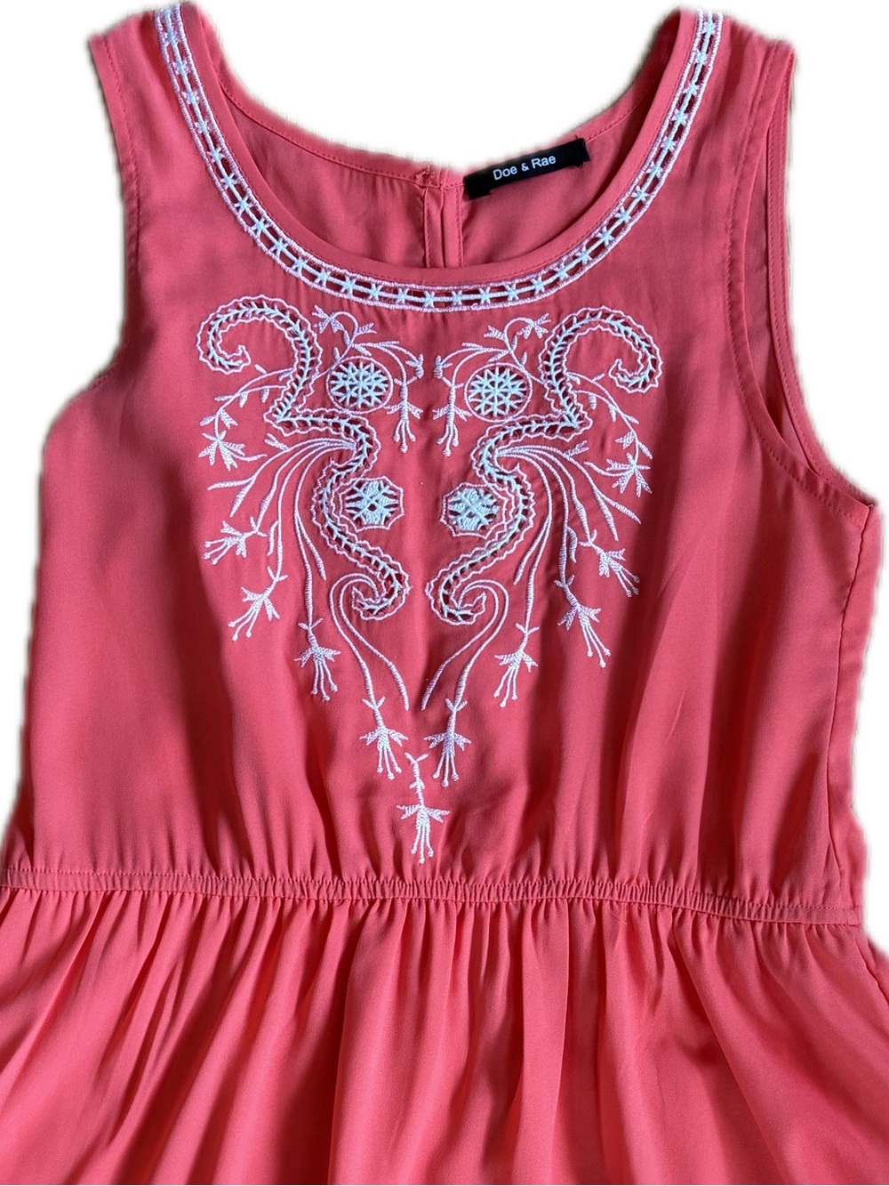 Doe & Rae Coral Pink Sleeveless Embroidered Midi Dress
